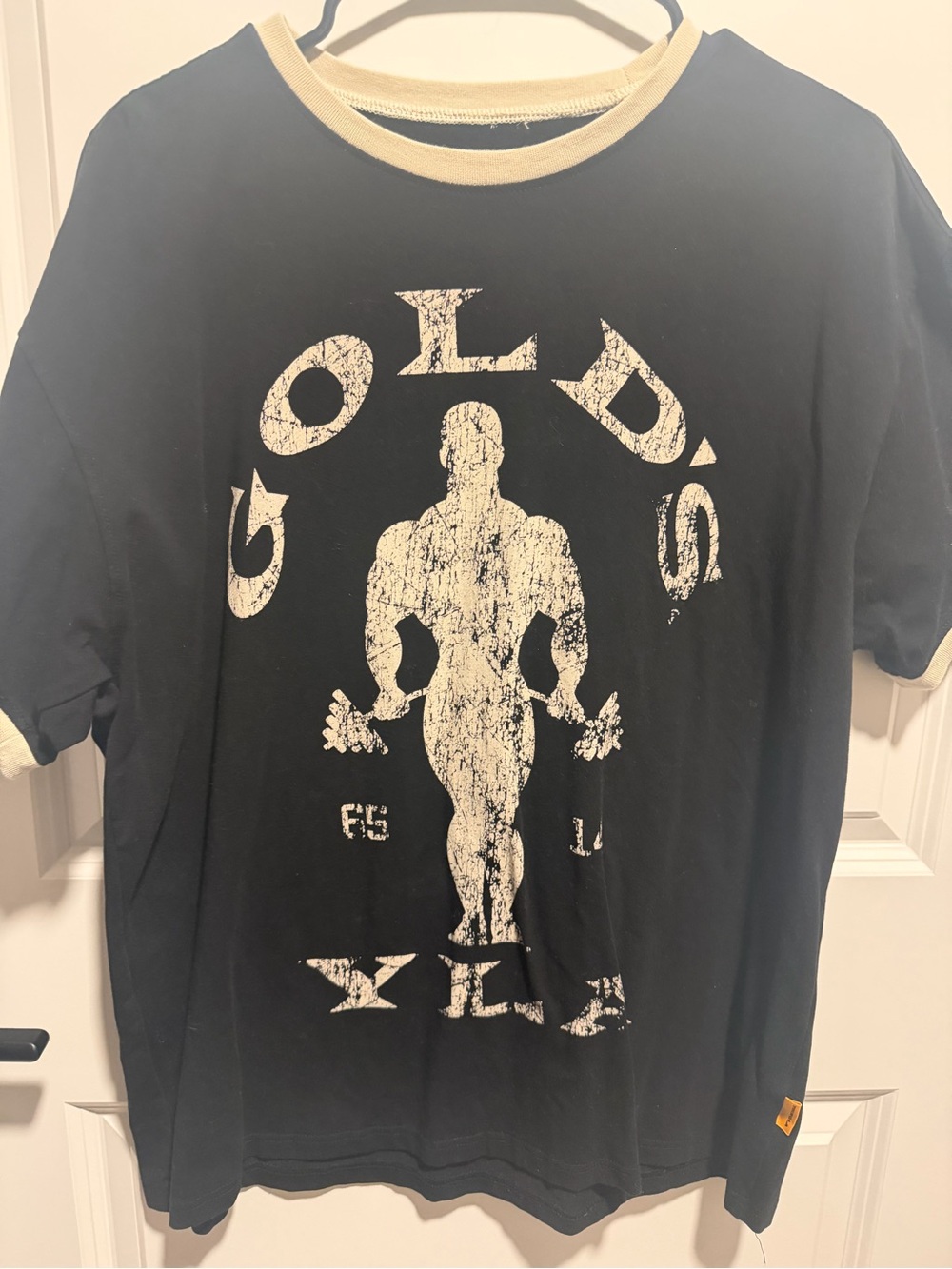 YoungLA Black Tee with Cream Trim and White Distressed Graphic